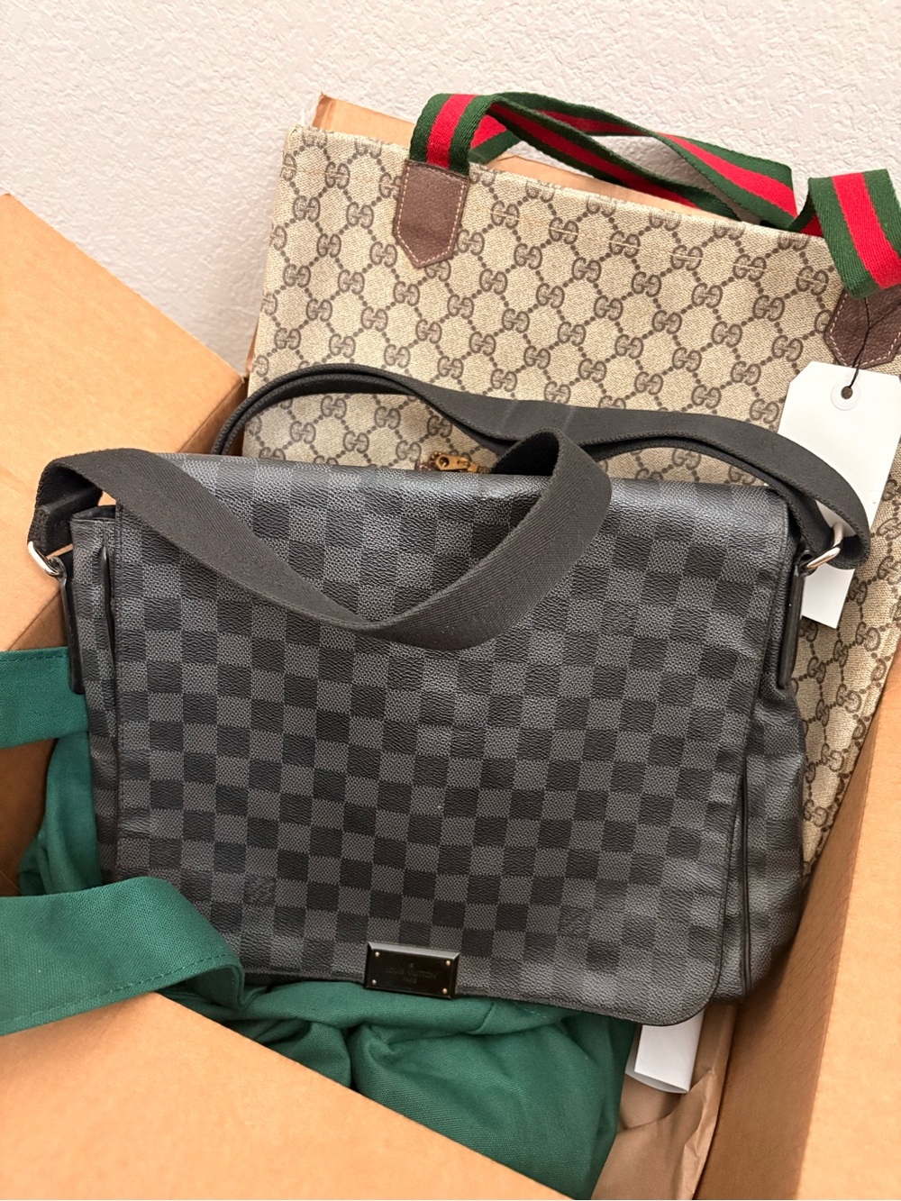 Louis Vuitton Black and Grey Checkered Messenger Crossbody with COA